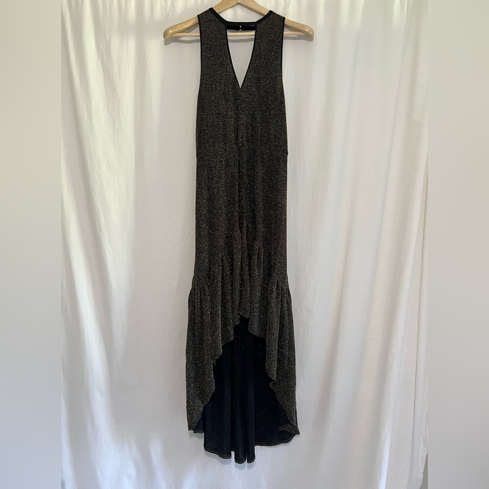 Ecoté Size Small Black With Gold Metallic Thread High Low Sleeveless Maxi Dress